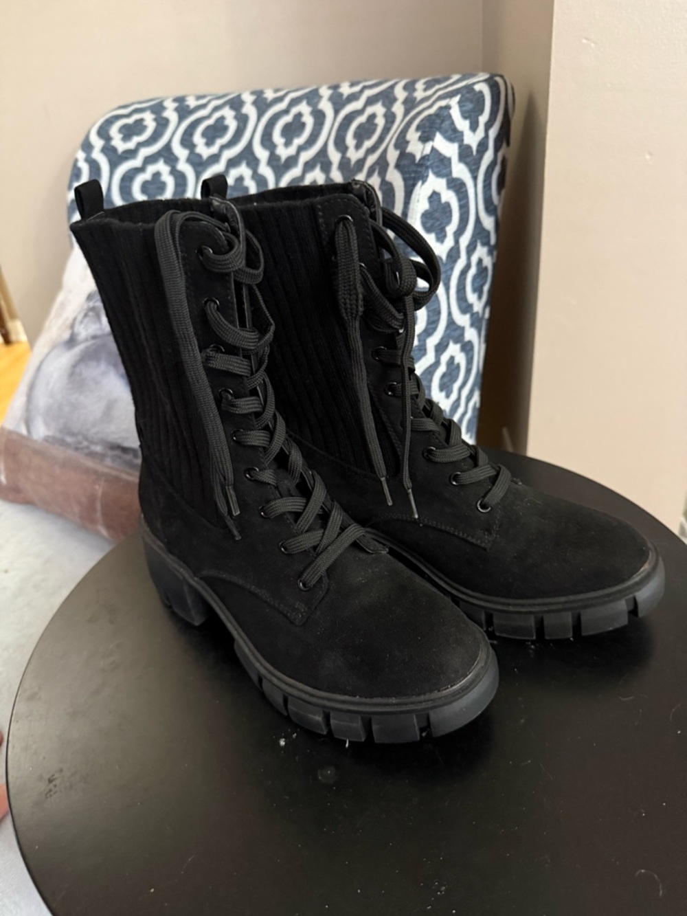 Esprit Black Lace-Up Ribbed Ankle Boots